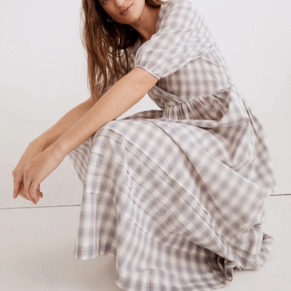 Madewell Checkered Midi Dress in Cream and Gray